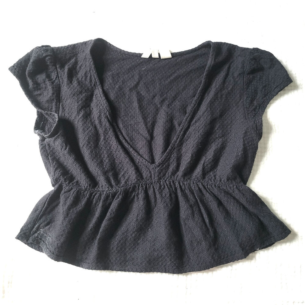 Roxy Womens Small Black Crop Top Flowy V Neck Knit Boho Surfer Babydoll Blouse